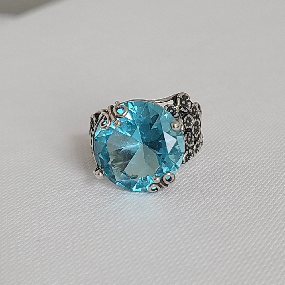 Vintage Sterling Silver Boho Chunky Blue Topaz Solitaire Floral Statement Ring - Picture 4 of 14